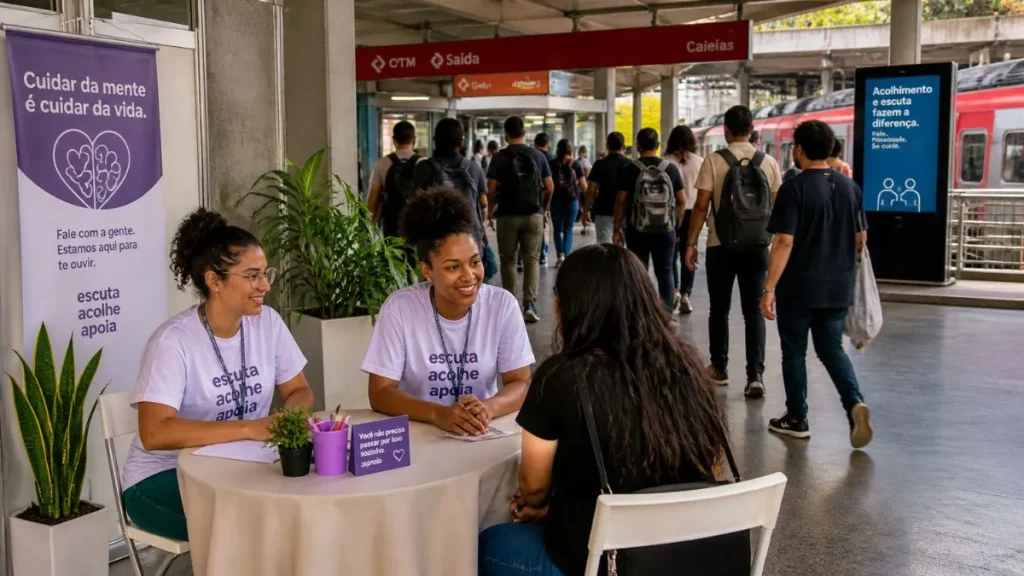 Passageiros Recebem Apoio Emocional Em Espaço De Escuta Dentro De Estação De Trem Movimentada Em São Paulo