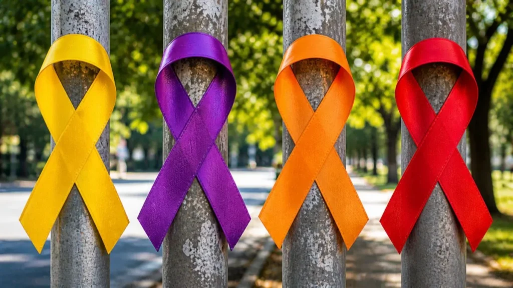 Quatro Postes Metálicos Alinhados Em Ambiente Urbano Arborizado Com Fitas De Conscientização Nas Cores Amarelo, Roxo, Laranja E Vermelho, Representando Campanhas De Saúde Do Mês De Maio.