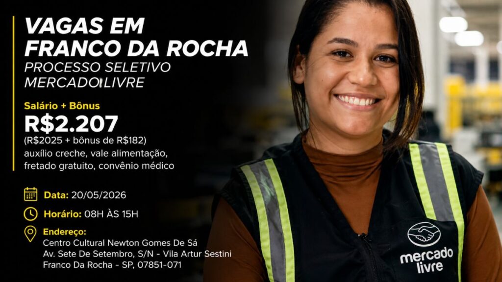 Modelo De Divulgação Mostra Vaga Do Mercado Livre Em Franco Da Rocha Com Salário De R$ 2.207, Benefícios Corporativos E Processo Seletivo Presencial Marcado Para 20 De Maio.