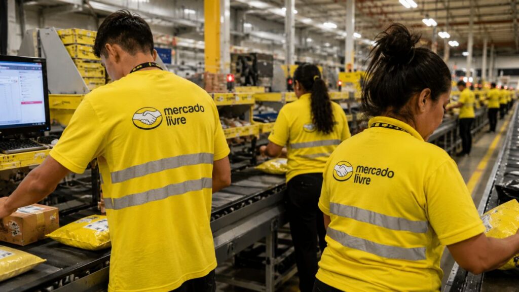 Funcionários Do Mercado Livre Trabalham Em Linha De Produção Dentro De Centro Logístico Automatizado Durante Operação De Separação De Encomendas