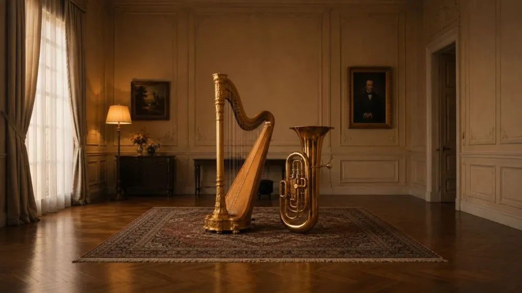 Caieiras Leva Música Clássica Para Dentro Das Escolas E Transforma Rotina De Milhares De Alunos 1 Harpa Clássica E Tuba Dourada Posicionadas Em Salão Elegante Com Iluminação Quente E Enquadramento Amplo, Destacando Instrumentos Musicais Completos Em Ambiente Sofisticado.