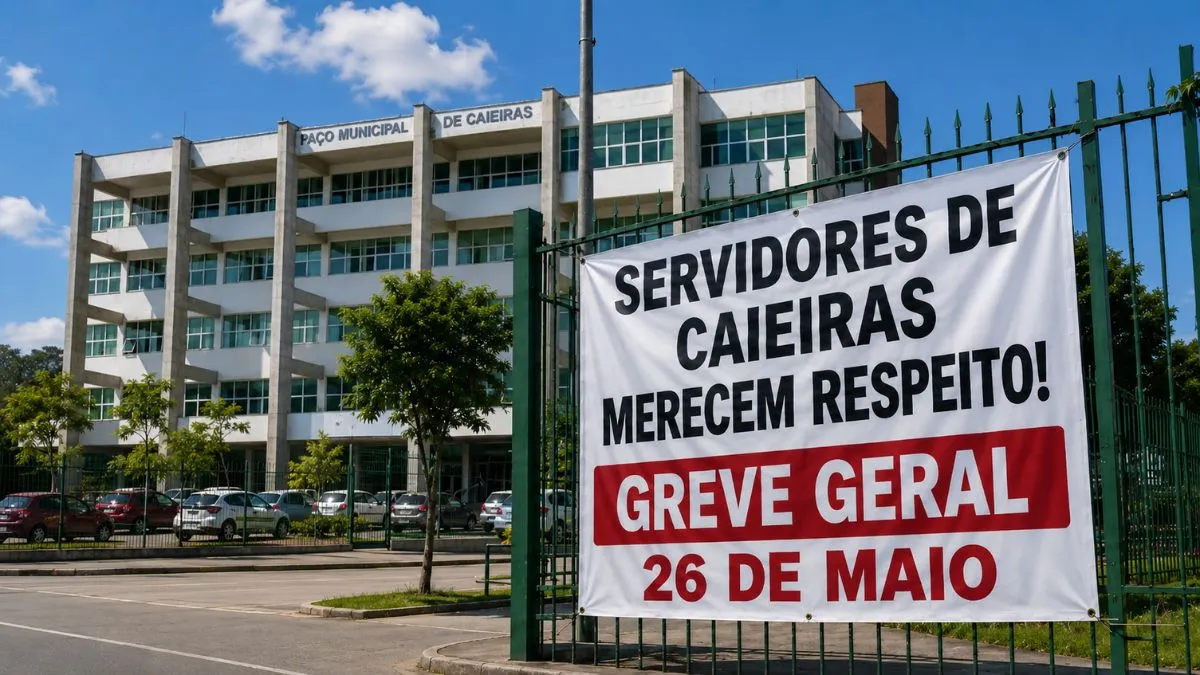 Faixa de greve dos servidores de Caieiras presa ao portão em frente ao Paço Municipal de Caieiras, com a mensagem “Servidores de Caieiras merecem respeito! Greve geral 26 de maio
