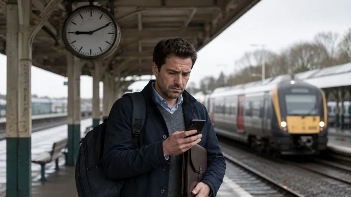 Passageiro da Linha 7-Rubi consulta celular em estação após atraso no trem.