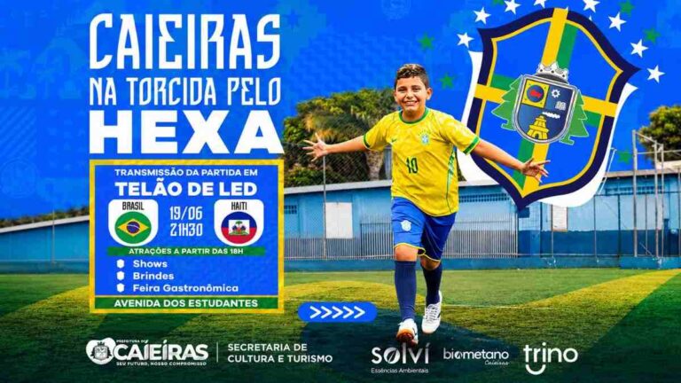 Arte De Divulgação Da Torcida Em Caieiras Para Brasil X Haiti, Com Criança Usando Uniforme Da Seleção Brasileira, Escudo Da Cidade E Informações Sobre Telão De Led Na Avenida Dos Estudantes.