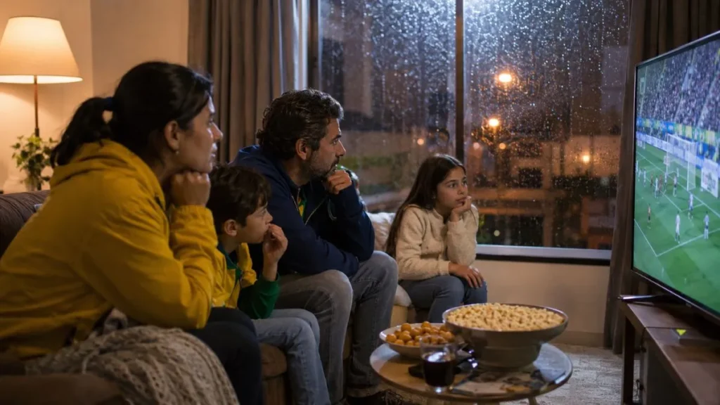 Família Assiste Jogo De Futebol Em Casa Durante Noite Chuvosa Após Cancelamento De Telões Públicos Da Copa Na Região.