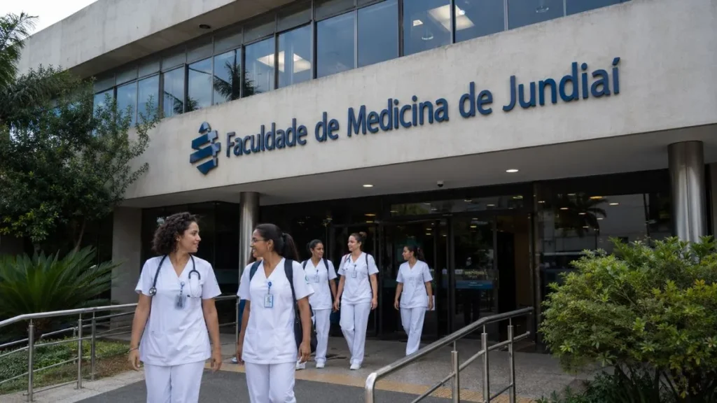 Fachada Da Faculdade De Medicina De Jundiaí Com Grupo De Enfermeiras Na Entrada Principal, Em Frente Ao Prédio, Durante O Dia.