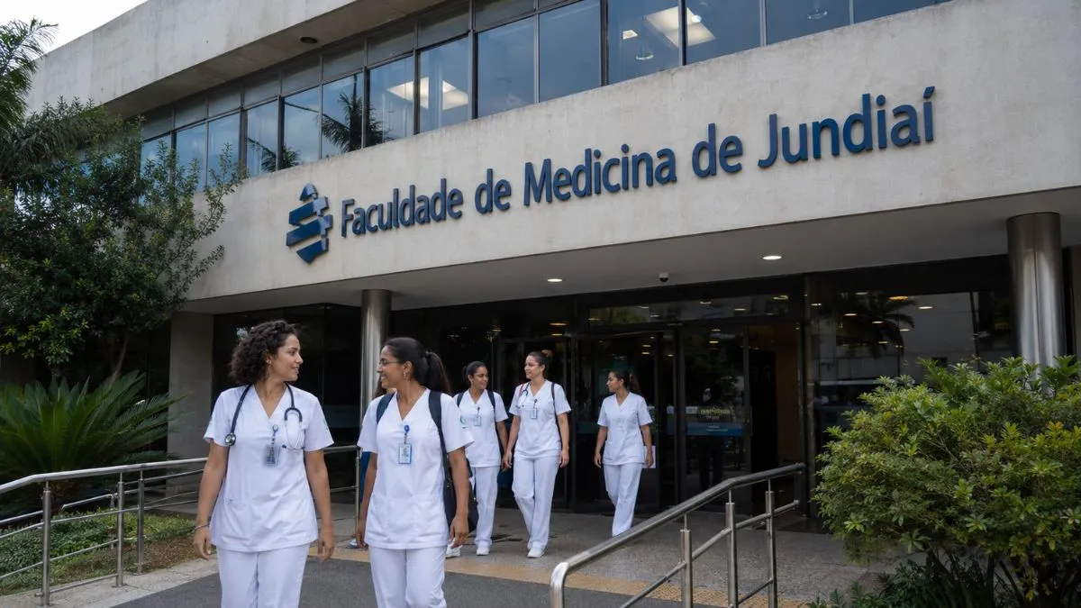 Fachada da Faculdade de Medicina de Jundiaí com grupo de enfermeiras na entrada principal, em frente ao prédio, durante o dia.