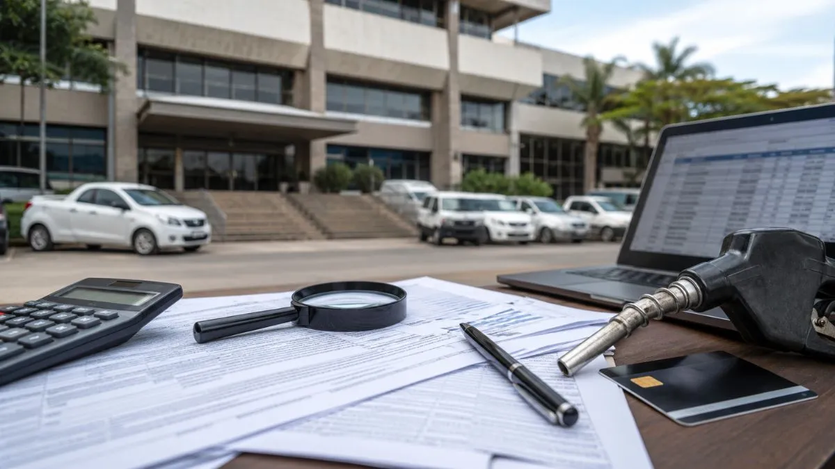Mesa Com Documentos, Calculadora, Lupa, Caneta, Notebook E Bico De Combustível Em Primeiro Plano, Diante De Um Prédio Público Com Veículos Estacionados, Em Imagem Que Remete À Fiscalização De Contratos E Ao Abastecimento Da Frota Municipal.