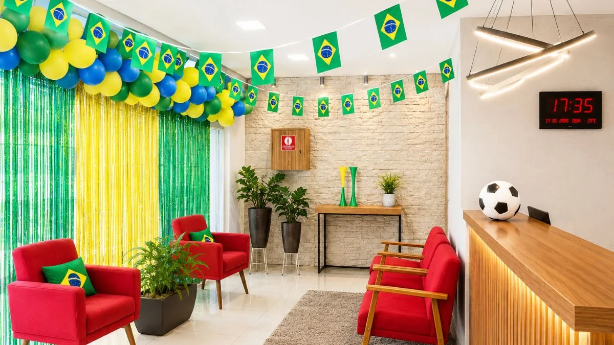 Recepção De Clínica Médica Em Mairiporã Decorada Para A Copa De 2026, Com Bandeirinhas Do Brasil, Balões Verdes, Amarelos E Azuis, Cadeiras Vermelhas E Bola De Futebol Sobre O Balcão.