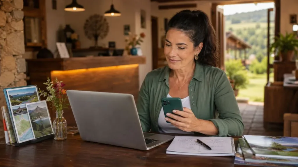 Empreendedora Do Turismo Em Mairiporã Usa Notebook E Celular Para Organizar Cadastro De Seu Negócio.