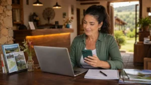 Empreendedora Do Turismo Em Mairiporã Usa Notebook E Celular Para Organizar Cadastro De Seu Negócio.