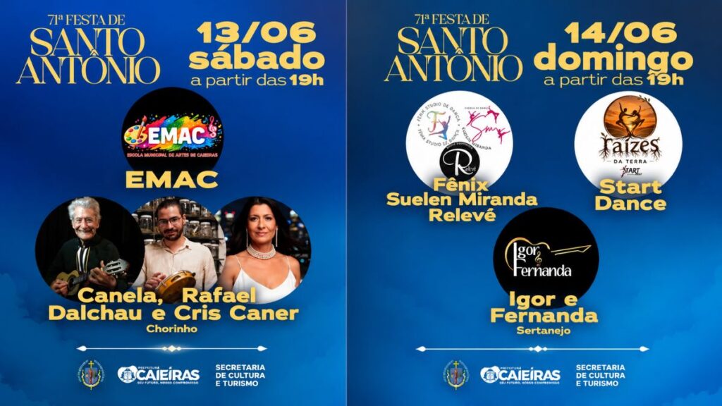 Post Informativo Das Atrações Da 71ª Festa De Santo Antônio Em Caieiras Com A Programação Dos Dias 13 E 14 De Junho, Destacando Apresentações Da Emac, Canela, Rafael Dalchau E Cris Caner No Sábado, E Fênix Suelen Miranda Relevé, Start Dance E Igor E Fernanda No Domingo