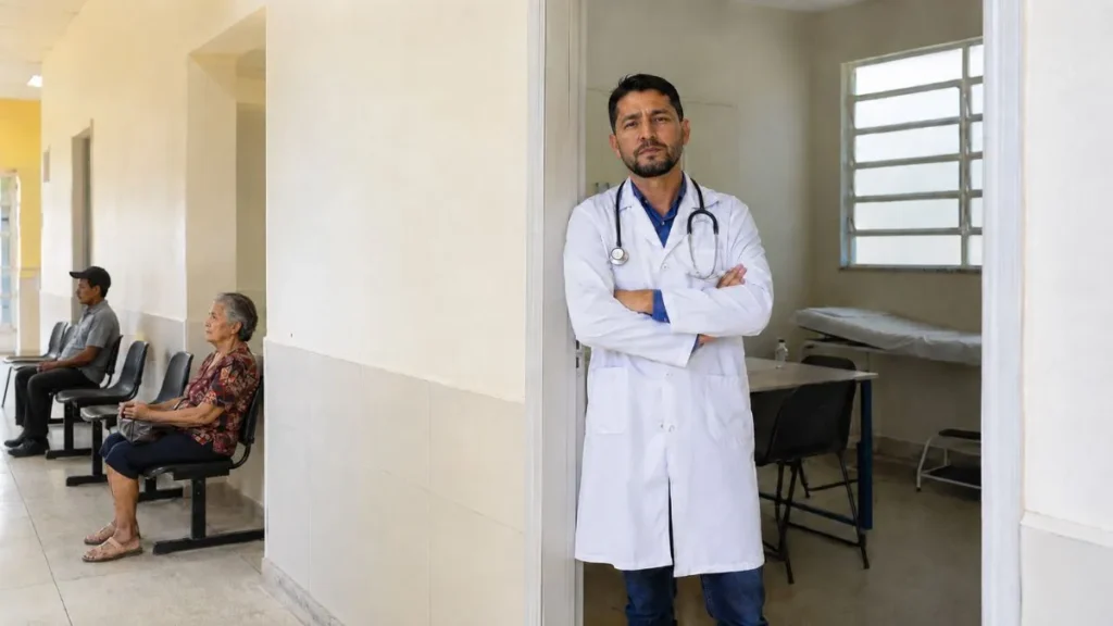 Faltas Em Consultas Levam Cajamar A Reforçar Confirmação De Exames Na Saúde 1 Médico De Braços Cruzados Na Porta De Um Consultório Público, Enquanto Poucos Pacientes Aguardam Sentados Em Cadeiras Espaçadas No Corredor Da Unidade De Saúde.