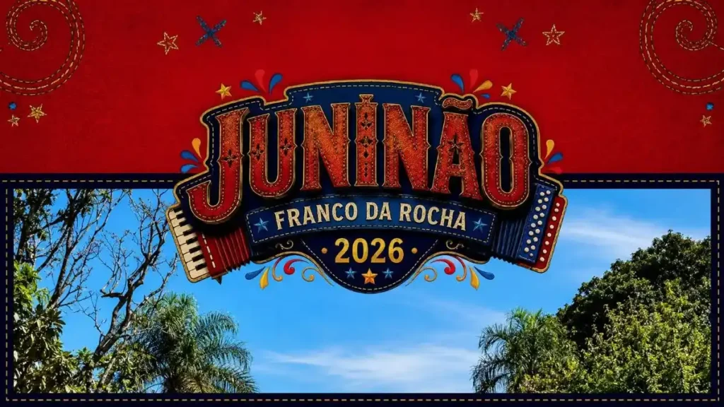 Arte Promocional Do Juninão Franco Da Rocha 2026, Em Formato 16:9, Com Fundo Vermelho Na Parte Superior, Logotipo Centralizado Do Evento, Detalhes Decorativos Em Estilo Junino E Paisagem Com Céu Azul E Árvores Ao Fundo.