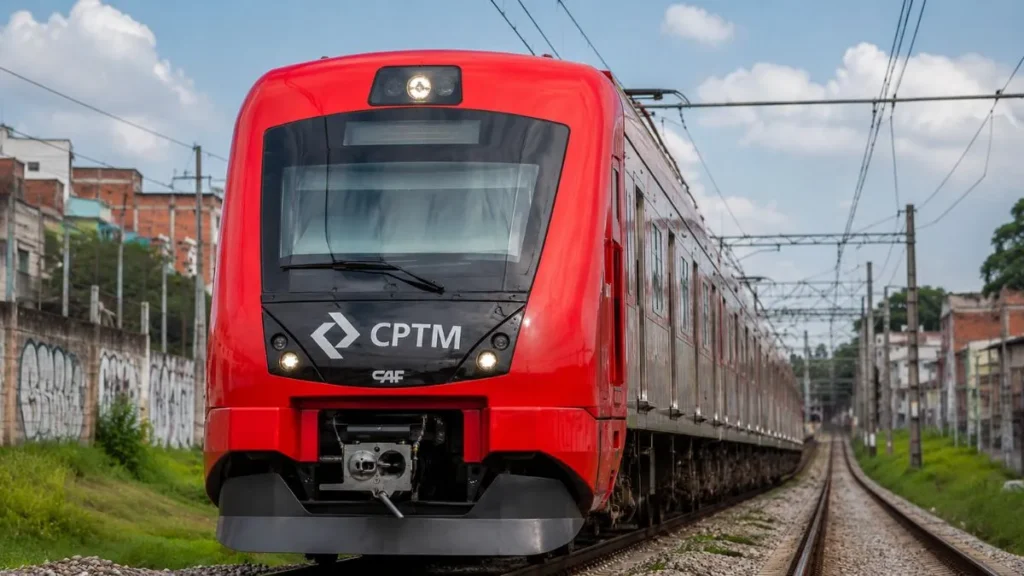Linha 7-Rubi Muda Operação Neste Domingo E Pode Atrasar Viagens Entre Perus, Caieiras E Jundiaí 1 Trem Vermelho Da Linha 7-Rubi Visto De Frente Sobre Os Trilhos, Com Rede Elétrica Ferroviária, Área Urbana Ao Fundo E Céu Aberto.