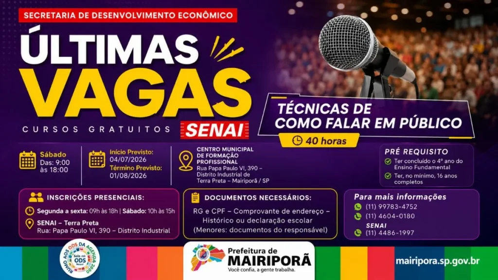 Mairiporã Abre Curso Gratuito Do Senai Para Quem Quer Falar Melhor Em Público E Melhorar O Currículo 1 Arte De Divulgação Do Curso Gratuito Técnicas De Como Falar Em Público Em Mairiporã, Com Destaque Para Últimas Vagas, Microfone, Informações De Inscrição, Documentos Necessários E Apoio Do Senai.