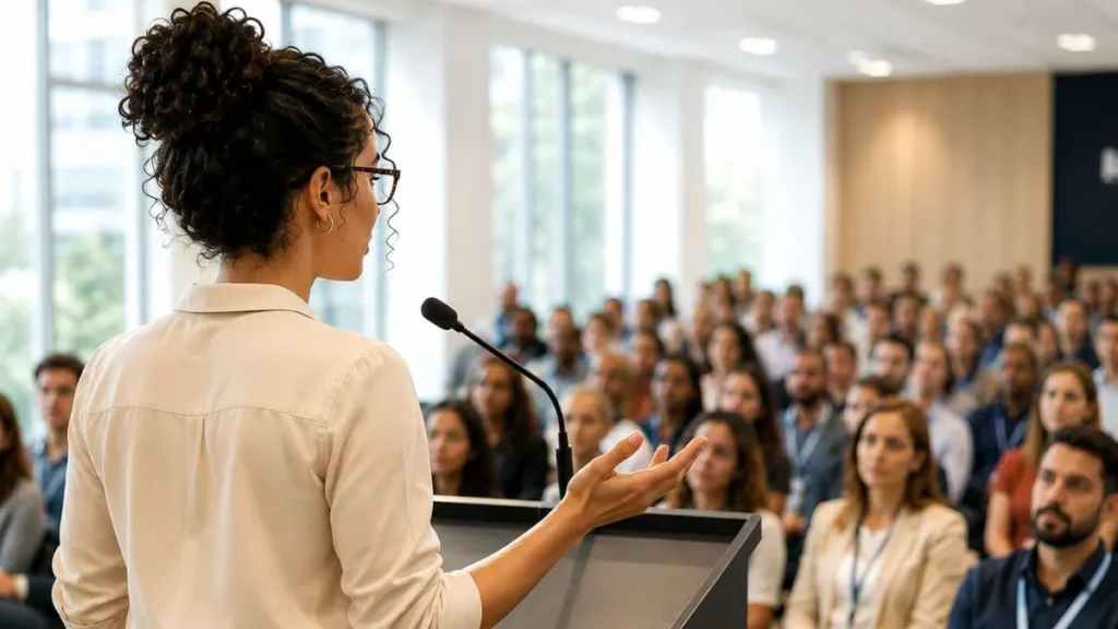 Mairiporã Abre Curso Gratuito Do Senai Para Quem Quer Falar Melhor Em Público E Melhorar O Currículo 1 Mulher De Óculos Fala Ao Microfone Em Um Auditório Claro E Moderno, Diante De Um Público Numeroso, Em Imagem Que Representa Curso De Técnicas Para Falar Em Público.