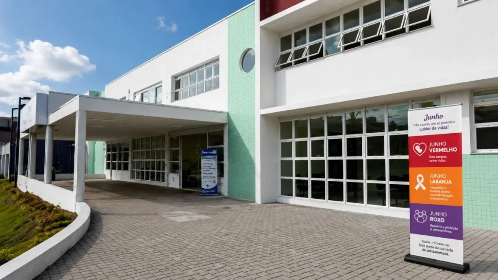Junho Acende Alerta Na Saúde: Hospitais Da Região Entram Na Rota Das Campanhas Vermelho, Laranja E Roxo 1 Área De Entrada Da Uma Unidade De Saúde De Bairro De Caieiras Com Fachada Branca E Detalhes Em Verde-Claro, Sob Céu Azul, Exibindo Um Banner Vertical De Chão Com As Campanhas Junho Vermelho, Junho Laranja E Junho Roxo Ao Lado Da Entrada Principal.