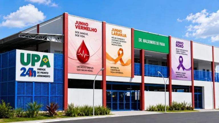 Fachada Da Unidade De Pronto Atendimento Em Franco Da Rocha, Com A Entrada Em Destaque E Grandes Banners Das Campanhas Junho Vermelho, Junho Laranja E Junho Roxo Espalhados Pela Parte Frontal Do Prédio.