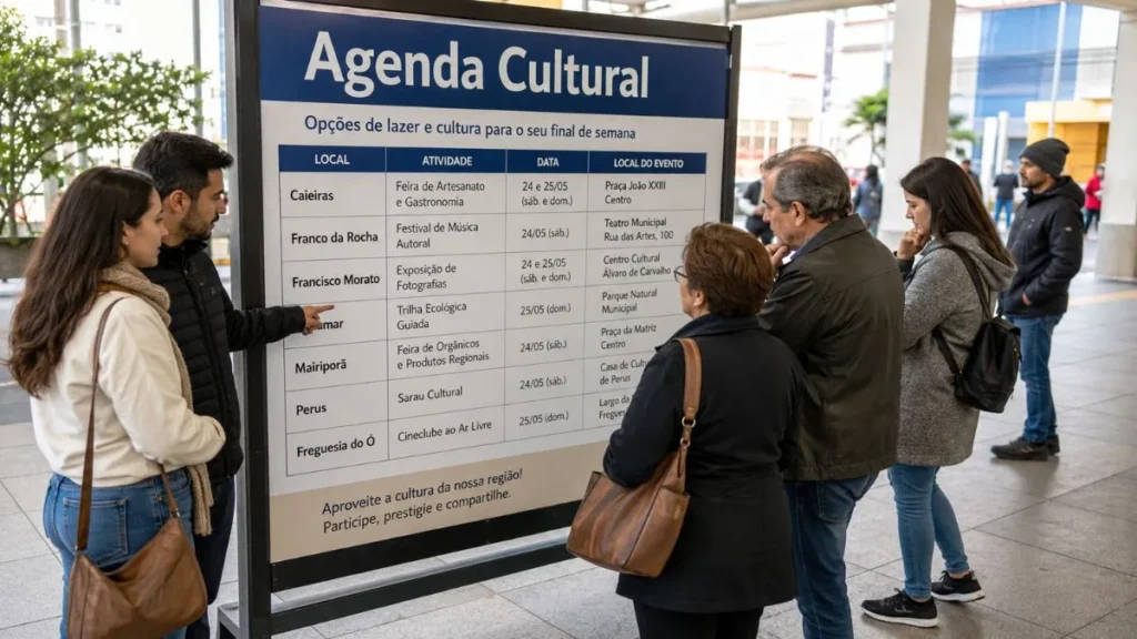 Fim De Semana Tem Copa, Lazer E Cultura No Eixo Caieiras Sp; Veja Onde Ir 4 Pessoas Observam Um Grande Painel Intitulado “Agenda Cultural” Em Um Espaço Público Coberto, Consultando Opções De Lazer E Cultura Para O Fim De Semana Em Cidades Da Região.