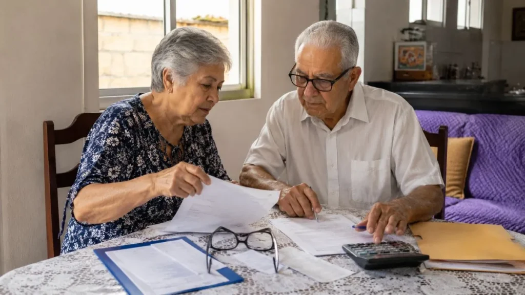 Aposentados De Franco Têm Até 30 De Junho Para Pedir Isenção Do Iptu 1 Casal De Idosos Analisa Documentos E Faz Contas Em Casa, Com Papéis, Pasta E Calculadora Sobre A Mesa.
