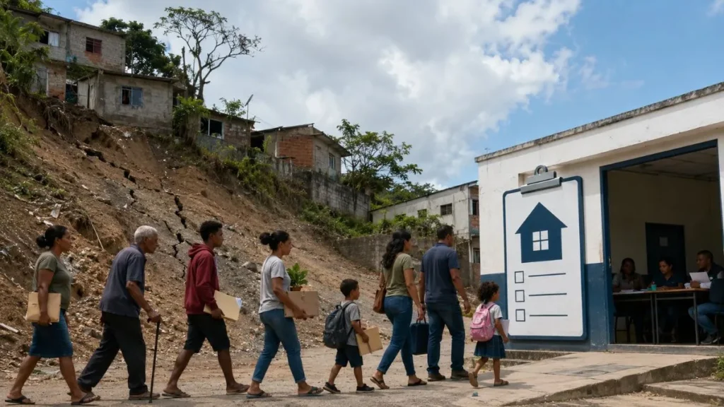 Famílias Caminham Em Direção A Um Ponto De Atendimento Habitacional, Ao Lado De Uma Encosta Com Casas Em Área De Risco E Sinais De Instabilidade No Terreno.