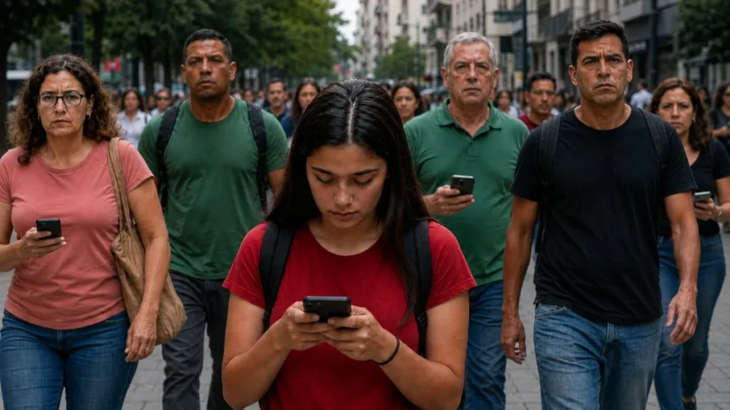 Celular Na Mão, Risco Na Rua E No Trem: A Distração Que Virou Ameaça Diária 1 Jovem De Camiseta Vermelha Caminha Olhando Para O Celular No Centro Da Imagem, Enquanto Outras Pessoas Seguem Pela Rua Ao Fundo; Entre Elas, Uma Mulher De Óculos Com Celular Na Mão, Dois Homens De Camiseta Verde, Um Homem De Camiseta Preta E Um Senhor De Cabelos Grisalhos Também Segurando O Aparelho.