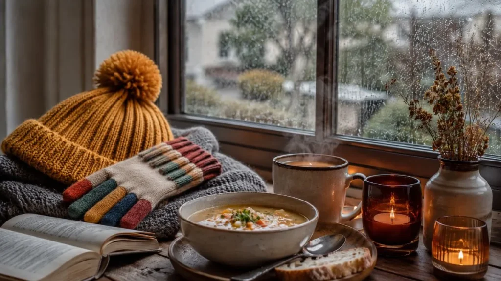 Inverno Começa Com Frio Mais Forte E Muda Rotina De Comida, Saúde E Gastos Da Casa 1 Cena Acolhedora De Inverno Perto Da Janela, Com Gorro De Lã, Luvas Coloridas, Manta, Livro Aberto, Sopa Quente, Caneca Fumegante E Velas Acesas Em Dia Chuvoso.