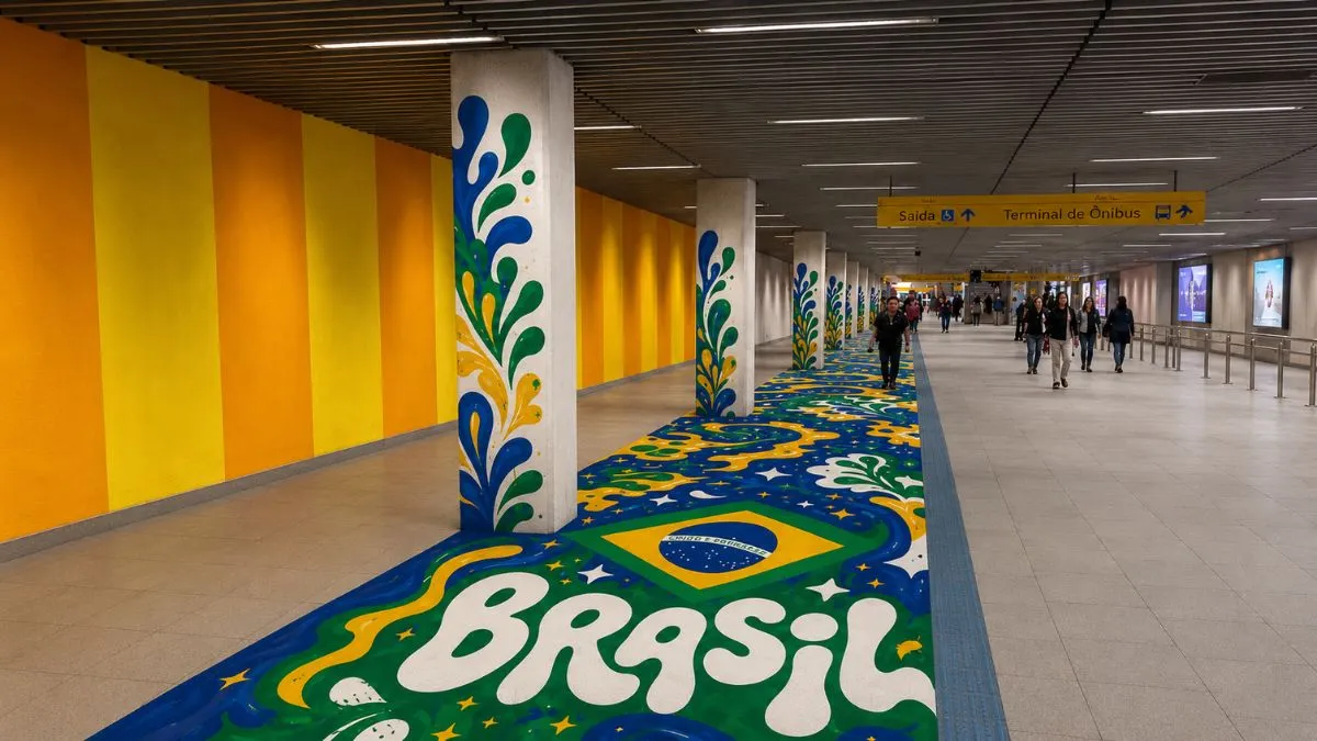 Corredor de estação de transporte sobre trilhos com pintura colorida inspirada na Copa, formando um tapete artístico no piso com cores verde, amarelo, azul e branco.