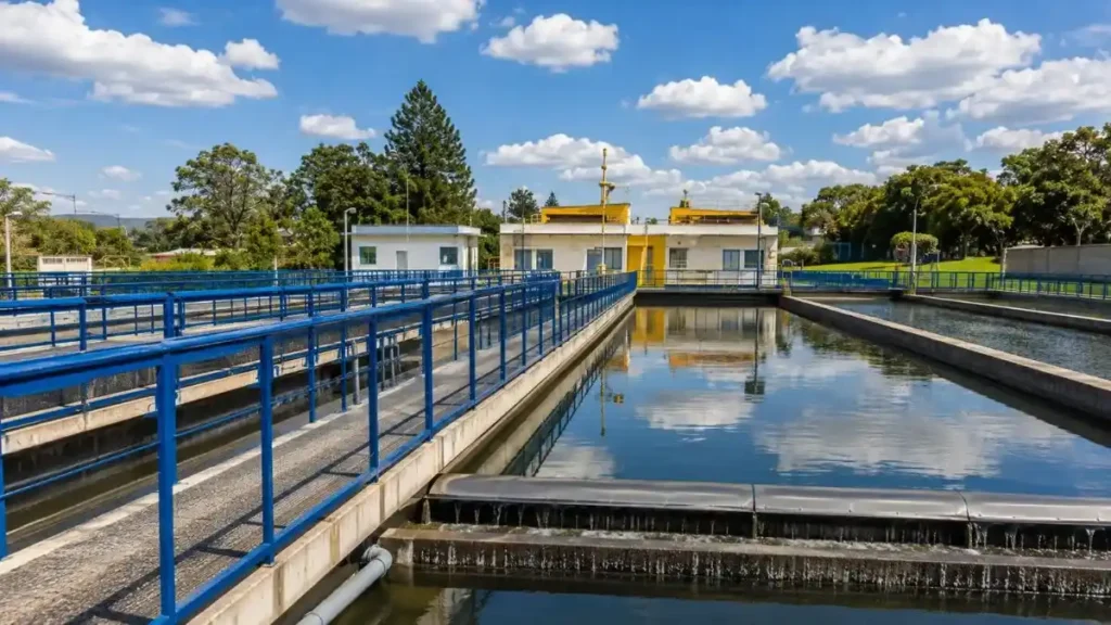 Estação De Tratamento Com Tanques De Água, Passarelas Azuis, Prédios Operacionais E Área Verde Ao Redor Em Dia Ensolarado.