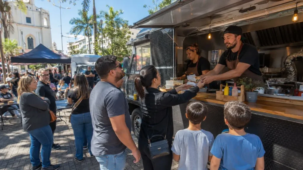 Gastronomia De Rua Cresce Em Jundiaí E Vira Renda Para Pequenos Empreendedores 3 Food Truck Atende Moradores Em Praça Movimentada De Jundiaí Durante Evento Público Com Barracas, Mesas E Famílias No Local.