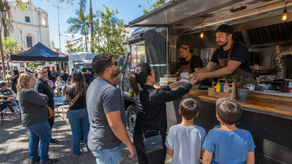 Food truck atende moradores em praça movimentada de Jundiaí durante evento público com barracas, mesas e famílias no local.