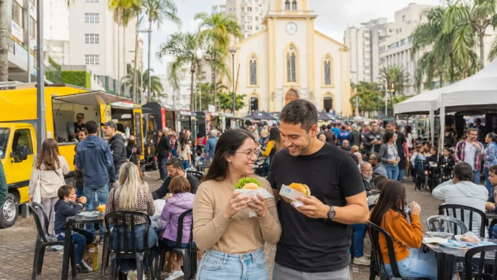Gastronomia De Rua Cresce Em Jundiaí E Vira Renda Para Pequenos Empreendedores 1 Moradores Comem Lanches Em Praça De Jundiaí Durante Evento Com Food Trucks, Mesas, Cadeiras E Grande Circulação De Público.