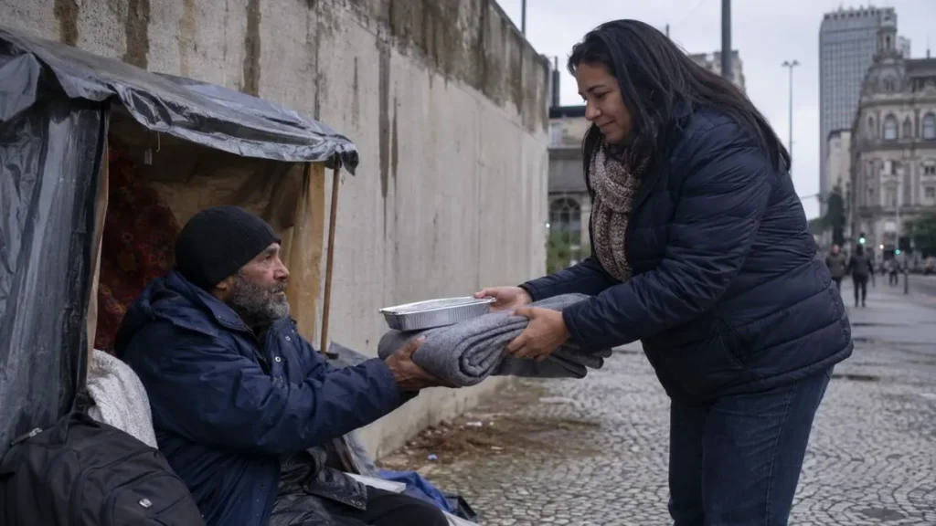 Frente Fria Chega Com Chuva E Exige Cuidado Imediato Com Crianças, Idosos E Pessoas Vulneráveis 1 Pessoa Em Situação De Rua Recebe Cobertor E Marmita De Uma Voluntária Em Dia Frio, Ao Lado De Abrigo Improvisado Em Área Urbana.