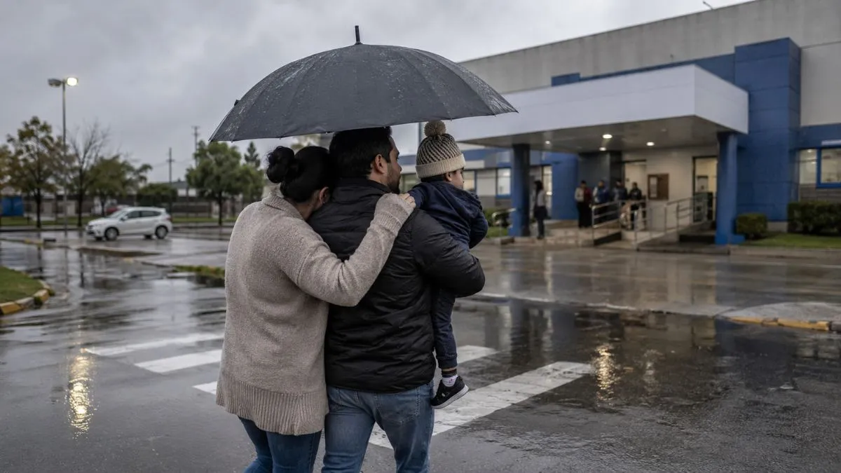 Pai carrega criança agasalhada sob guarda-chuva enquanto a mãe caminha abraçada a ele em direção a uma unidade de saúde durante dia frio e chuvoso.