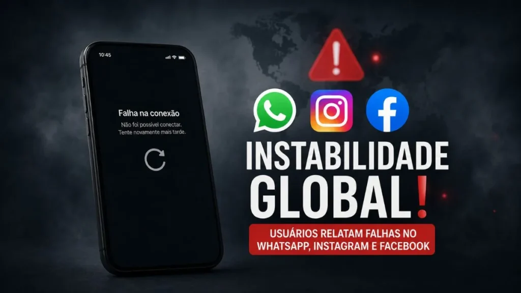 Whatsapp, Instagram E Facebook Falham Nesta Sexta E Comércio Da Região Sente O Susto 1 Imagem Jornalística Em Formato 16:9 Mostra Um Celular Com Mensagem De Falha Na Conexão Ao Lado Dos Ícones Do Whatsapp, Instagram E Facebook, Com Alerta Visual Sobre Instabilidade Nas Plataformas Da Meta.
