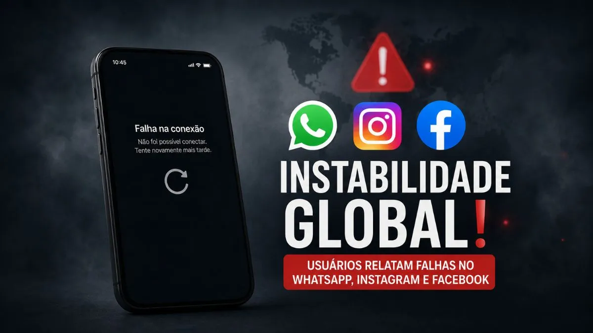 Imagem jornalística em formato 16:9 mostra um celular com mensagem de falha na conexão ao lado dos ícones do WhatsApp, Instagram e Facebook, com alerta visual sobre instabilidade nas plataformas da Meta.