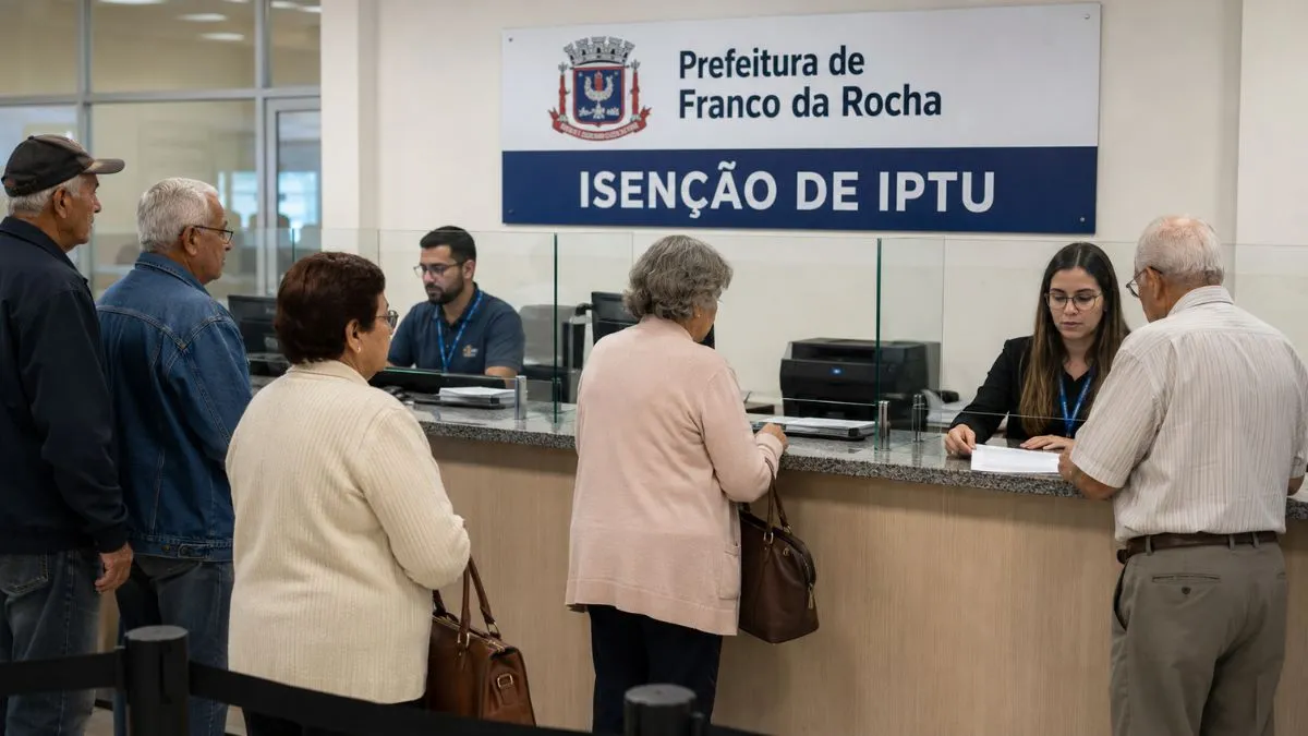 Aposentados e pensionistas aguardam atendimento em balcão da Prefeitura de Franco da Rocha, com guichê identificado para pedido de isenção de IPTU.