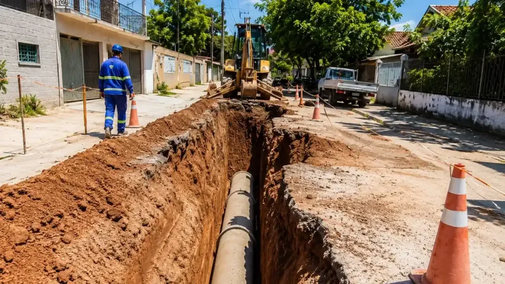 Mairiporã Espera Há Décadas E Agora Vê Água Tratada E Esgoto Chegarem Aos Bairros 1 Obra De Saneamento Em Rua Residencial Com Vala Aberta, Tubulação Instalada, Retroescavadeira E Trabalhador Sinalizando A Área.