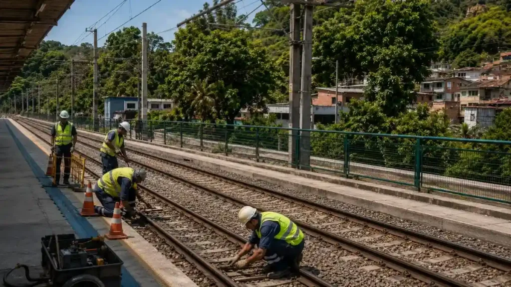 Linha 7-Rubi Tem Obras Entre Perus E Caieiras E Pode Exigir Mais Atenção Dos Passageiros 1 Trabalhadores Fazem Manutenção Em Duas Linhas Férreas Ao Lado De Uma Plataforma, Com Cones, Ferramentas E Equipe Usando Coletes E Capacetes Em Uma Estação A Céu Aberto.