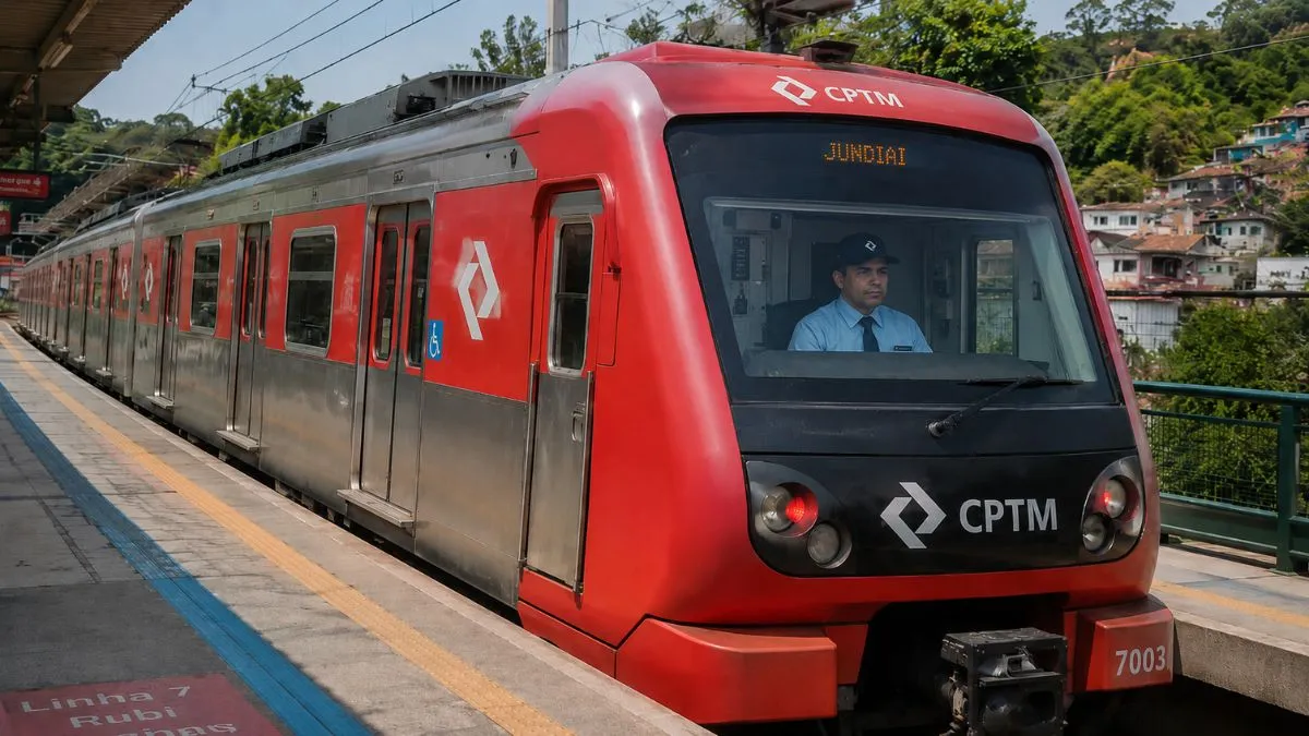 Trem Da Linha 7-Rubi Parado Em Plataforma Durante O Dia, Com Destino Jundiaí Exibido Na Frente Da Composição.