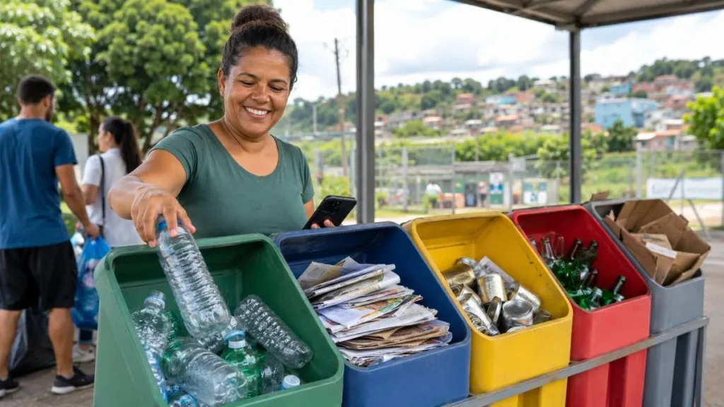 Moradora Descarta Garrafa Plástica Em Ponto De Entrega Voluntária De Recicláveis Em Caieiras, Com Lixeiras Separadas Para Plástico, Papel, Metal, Vidro E Papelão.