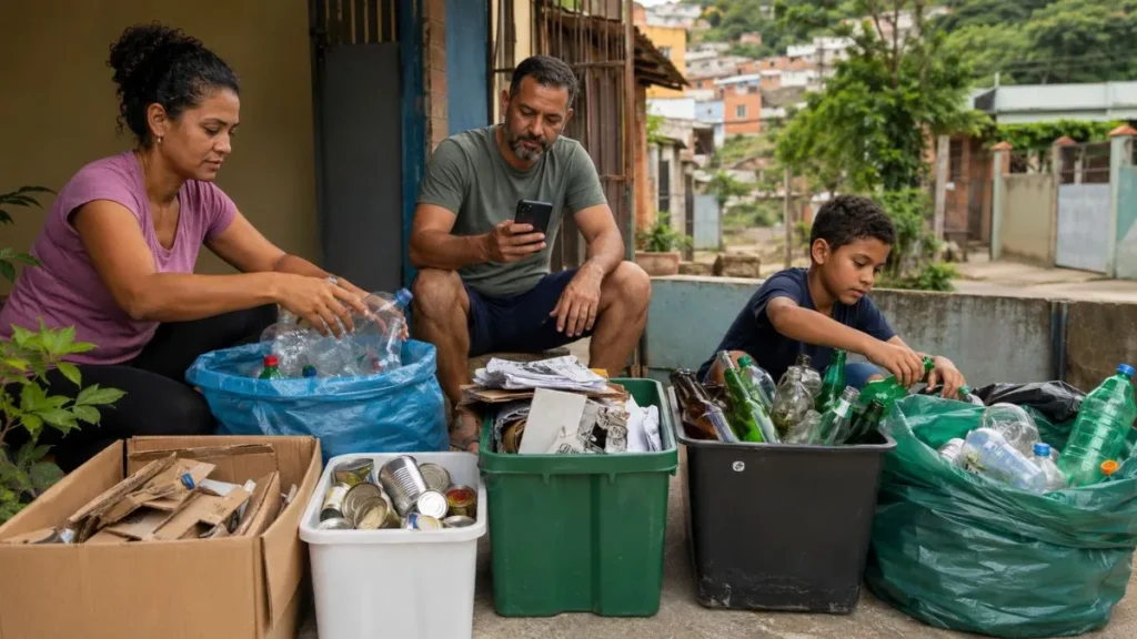 Família Separa Materiais Recicláveis Em Casa, Com Garrafas Plásticas, Papelão, Latas, Vidros E Papéis Organizados Para Descarte Correto Em Caieiras.