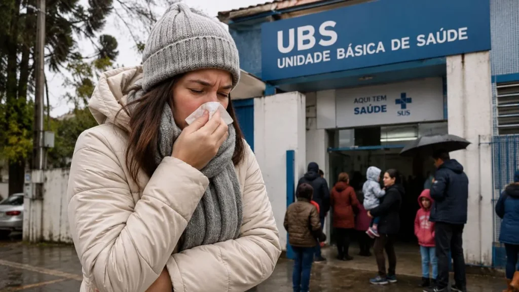 Frio Se Aproxima E Baixa Vacinação Em Jundiaí Cobra Reação Das Cidades Da Região 1 Mulher Agasalhada Usa Lenço Em Frente A Uma Ubs Durante Dia Frio E Chuvoso, Enquanto Moradores Aguardam Atendimento Na Entrada Da Unidade.