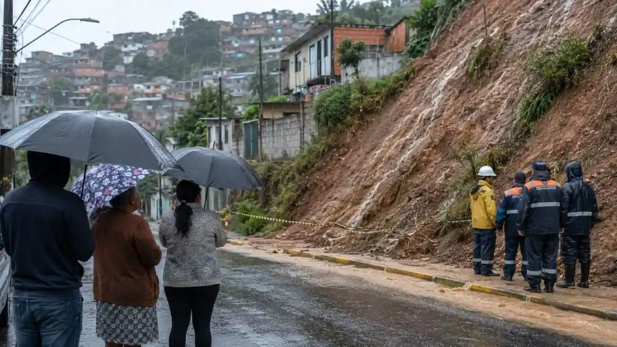 Moradores Observam Área De Encosta Durante Chuva Forte Em Franco Da Rocha, Com Agentes Municipais Avaliando Risco De Deslizamento.
