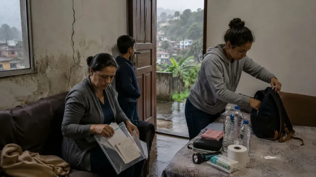 Família Separa Documentos Em Casa Durante Chuva Forte, Ao Lado De Parede Com Rachadura E Sinais De Umidade.