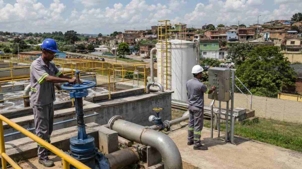 Cajamar Avança No Esgoto E Obras Da Sabesp Entram Na Rotina Da Região 1 Funcionários Operam Equipamentos Em Uma Estação De Tratamento De Esgoto, Com Tubulações, Válvulas E Casas Ao Fundo Em Bairro Urbano.