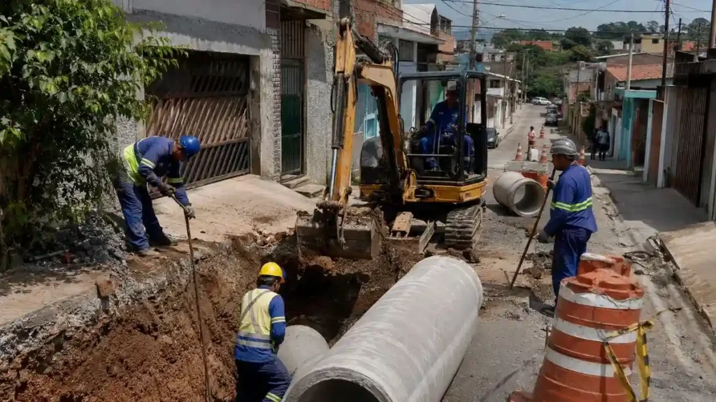 Trabalhadores Fazem Obra De Saneamento Em Rua Residencial, Com Retroescavadeira Abrindo Vala E Tubos De Concreto Sendo Instalados Na Rede De Esgoto.