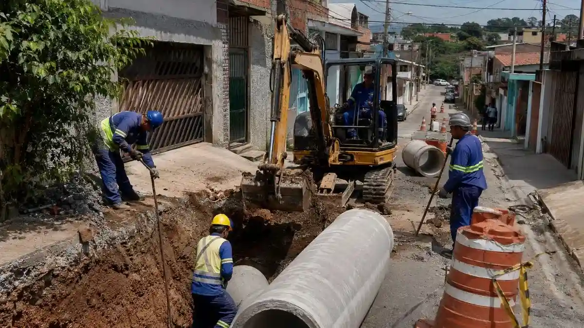 Trabalhadores Fazem Obra De Saneamento Em Rua Residencial, Com Retroescavadeira Abrindo Vala E Tubos De Concreto Sendo Instalados Na Rede De Esgoto.