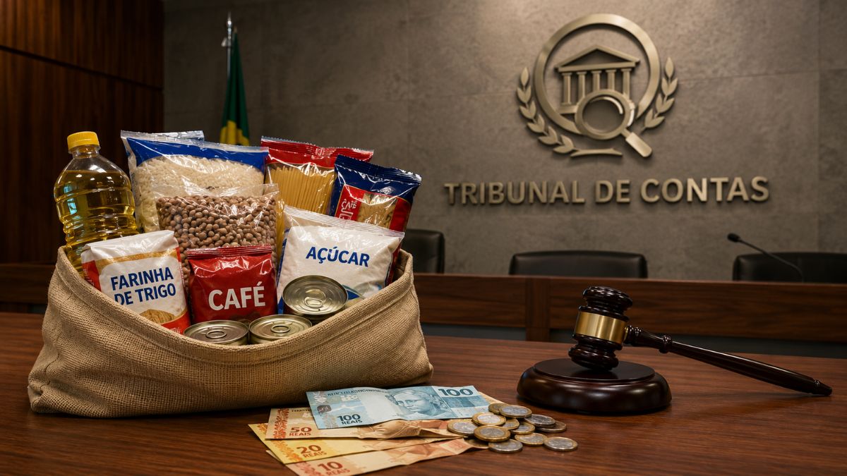 Saco Com Produtos De Cesta Básica Sobre Mesa De Tribunal, Ao Lado De Dinheiro Em Reais E Martelo De Juiz, Com Placa Do Tribunal De Contas Ao Fundo.